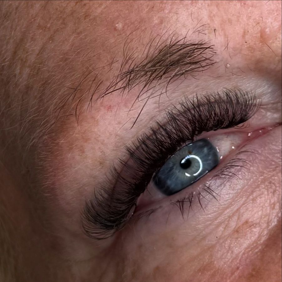A dense, dark lash extension set, close-up on a blue eye beneath a groomed brow.